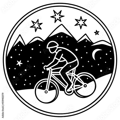 Minimalist Cyclist Under Starry Night – Vector on White