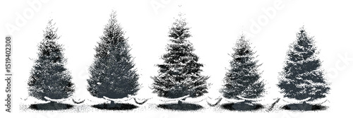 Christmas trees with garland, retro stipple effect, vintage photocopy texture, grainy noisy gritty design, grunge punk banner, poster template, vector illustration, holiday decor, festive art.