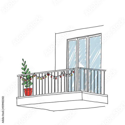 Modern balcony with potted plant and decorative lights  