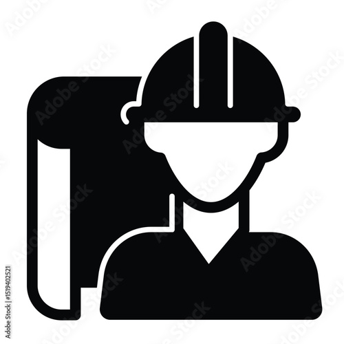 Architect man project paper solid icon, architect studio concept. Vector graphics. Construction worker with project plan sign on white background, style mobile or design.