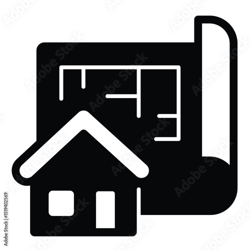Building layout paper and house solid icon, architect studio concept. Vector graphics. Project plan of cottage house sign on white background, style mobile or design.