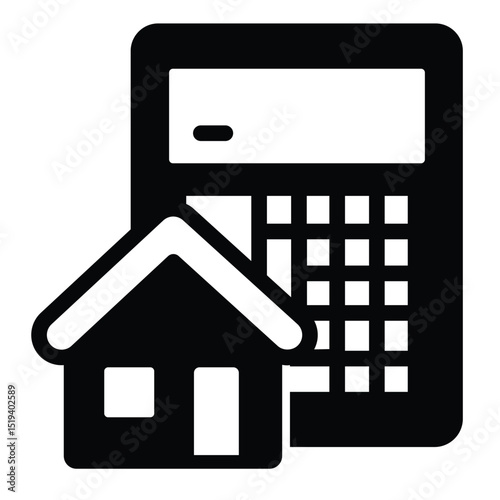 Calculator and house solid icon, real estate concept. Vector graphics. Cottage building price for sale sign on white background, style mobile or design.