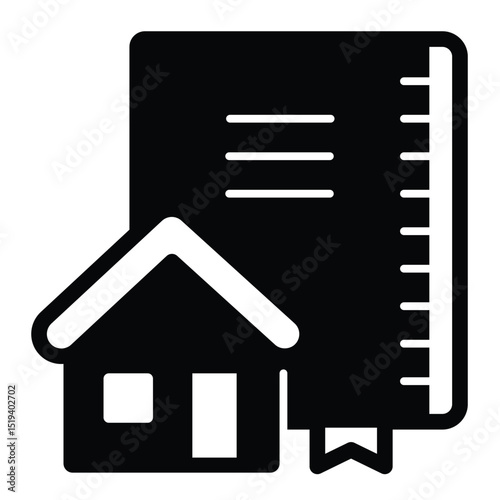 Architect notebook and house solid icon, architect studio concept. Vector graphics. Notepad with cottage building sign on white background, style mobile or design.