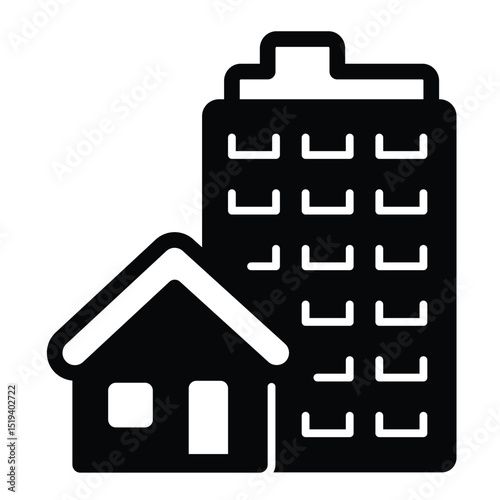 Skyscraper tower and cottage building solid icon, real estate concept. Vector graphics. City skyscraper, private house sign on white background, style mobile or design.