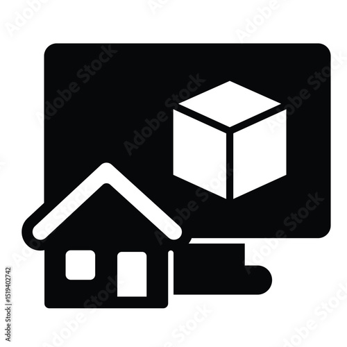 Monitor with 3D square and house solid icon, architect studio concept. Vector graphics. Display with 3D building program sign on white background, style mobile or design.