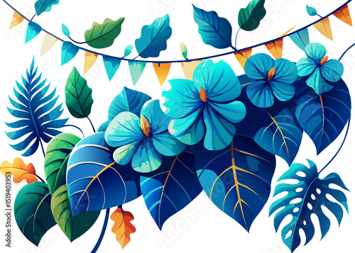 floral background with blue flowers, Blue begonia garland with thick teal leaves, on white background.