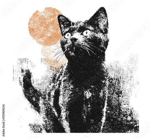 Creepy Halloween cat collage element with vintage stippling photocopy effect, retro vector illustration, psychedelic surreal poster, experimental grunge dotted texture, spooky art design.