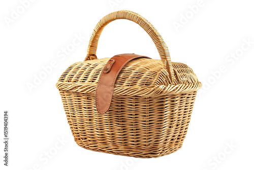 Wicker picnic basket with a handle for carrying isolated on white background photo