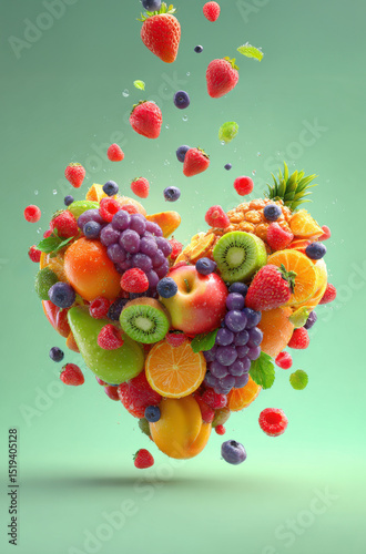 Colorful fruits like strawberries, blueberries, kiwis, oranges, pineapples, grapes, apples, and mangoes float mid-air, forming a heart. Fresh, vibrant perfect for health branding.