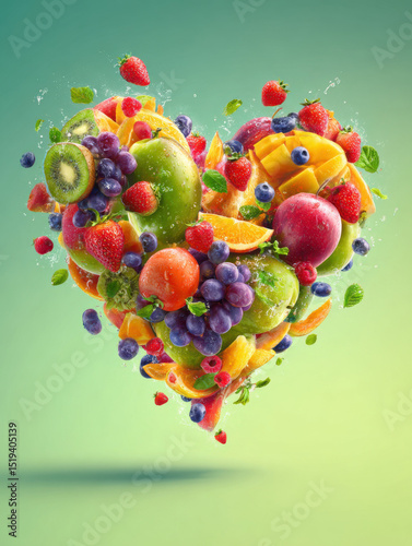 Colorful fruits like strawberries, blueberries, kiwis, oranges, pineapples, grapes, apples, and mangoes float mid-air, forming a heart. Fresh, vibrant perfect for health branding.