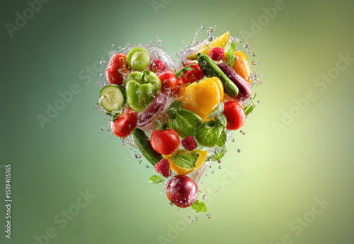 Fresh fruits and vegetables float mid-air, forming a heart shape. Bright, fresh, and vibrant against a green background. Ideal for wellness or organic brand advertising.