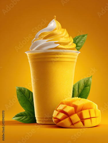 Mango milkshake in clear takeaway cup topped with whipped cream, mango chunks. Soft lighting, creamy texture, vibrant yellow background, elegant composition, Perfect for commercial advertising.