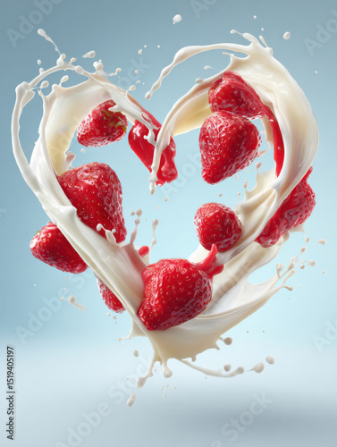 Juicy strawberries and milk splashes swirl mid-air into a heart shape. Clean pastel background, soft lighting, romantic, fresh, polished perfect for fruit or dairy advertising.
