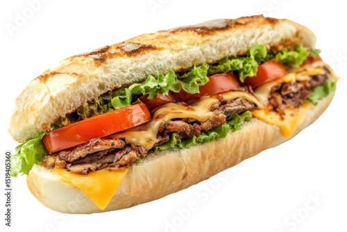 Delicious Philly Cheesesteak Sandwich Recipe Mouthwatering Steak Cheese Tomato and Lettuce on on transparent background