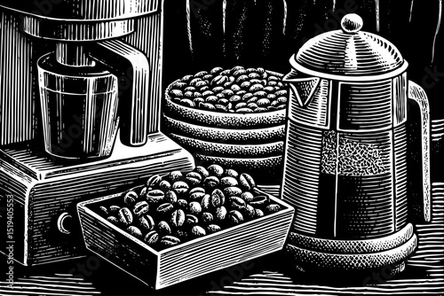 Black and white vector of assorted coffee shop elements (coffee beans, French press, espresso machine) in sketch style