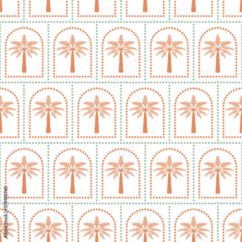 Abstract seamless pattern with palms. Vector modern tropical checkered background. Fabric textile print. Surface cover design.