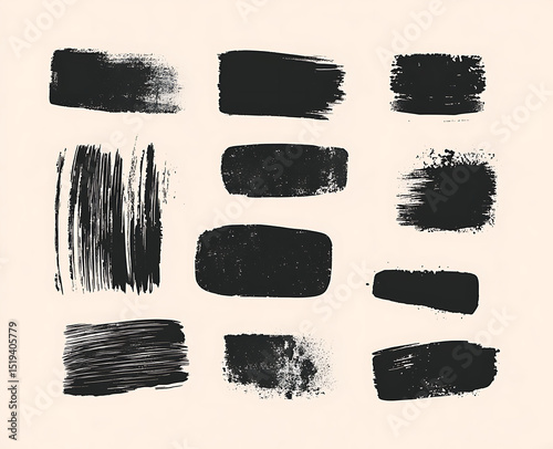Black ink brush strokes, various shapes and sizes of rectangular or circular labels with a white background. 