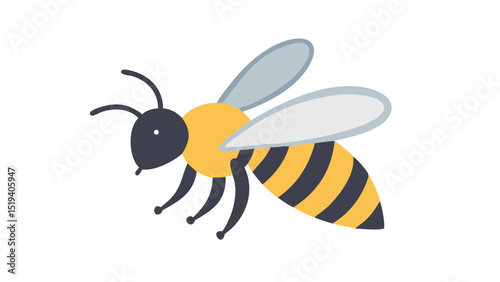 Colorful cartoon bee with black and yellow stripes and light blue wings in a simple design suitable for various uses