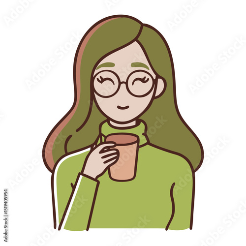 Woman enjoying a warm beverage while smiling, in a cozy indoor setting during autumn