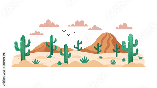 Desert landscape featuring cacti and mountains under a bright sky with clouds and flying birds during the day