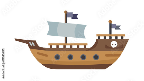 Colorful pirate ship illustration with flags showcasing a fun design for children's projects or nautical themes