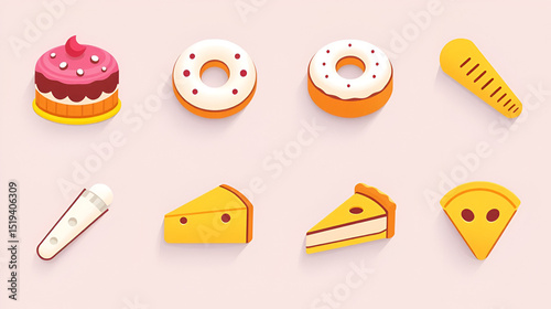 set of bakery icons, such as cake, doughnut,  bread, cheese, pie, tart