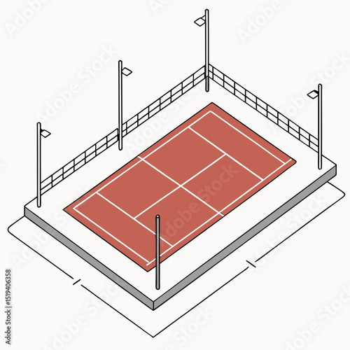 Illustration Isometric Badminton Court Design Red Clay Surface Net Posts Lighting