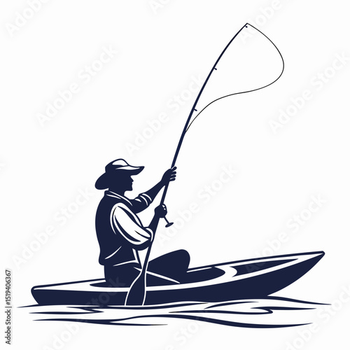 Illustration Fisherman Kayaking Fishing Rod Lake River Outdoors Recreation Sport