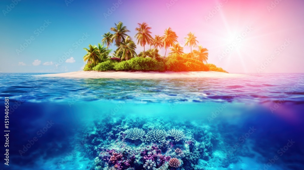 Tropical island with palm trees and a vibrant coral reef Tropical island with palm trees and a vibrant coral reef