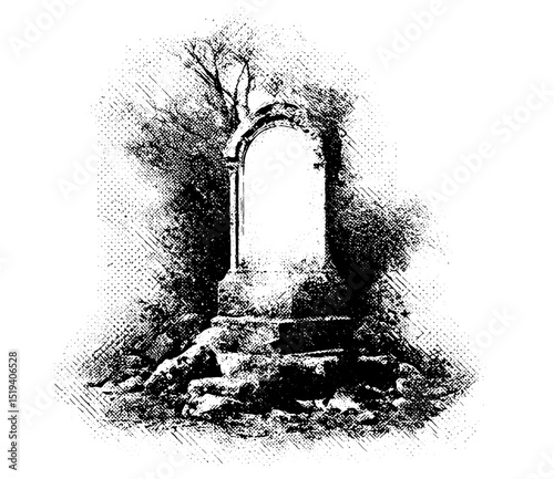 Halloween gravestone collage element with vintage stippling effect, retro vector illustration, psychedelic surreal poster, experimental grunge texture, spooky art, eerie background, gothic style.