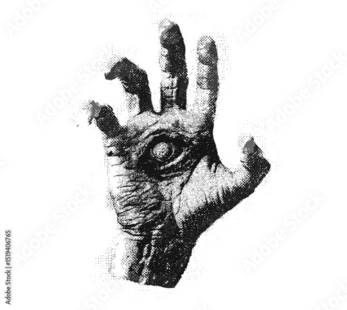 Vintage stippling photocopy Halloween hand collage, creepy surreal psychedelic poster with grunge dotted texture, experimental horror art, vector illustration, eerie theme, abstract spooky graphic.