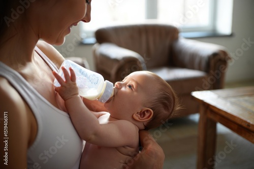 Happy mother holding and feeding her baby with a bottle in a cozy living room filled with natural light