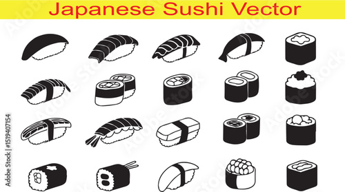 Japanese Sushi Silhouette Icon Collection Set Vector Illutration on White Background
