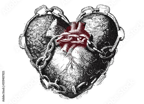Halloween surreal heart with chains, stippling photocopy texture, creepy collage retro style, grunge psychedelic artwork, horror vector illustration, gothic dark art, mystical visuals