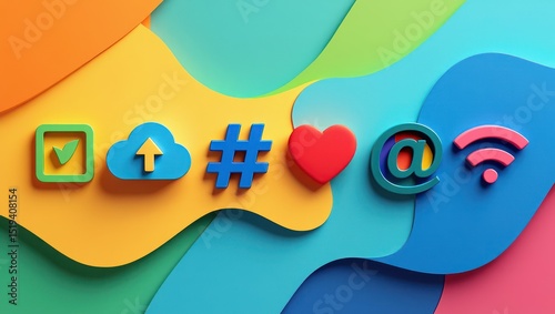 Colorful 3d icons of a check mark in a square, cloud with upload arrow, hashtag, red heart, at symbol, and wifi signal on layered bright abstract background