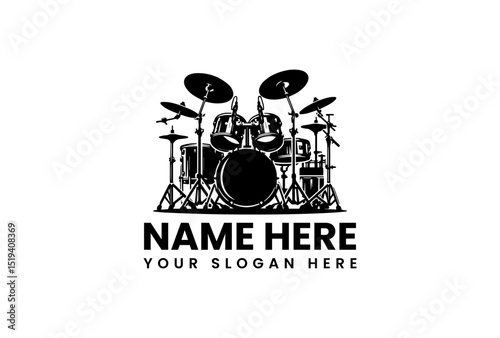 Complete professional drum kit vector logo with bass drum, toms and cymbals in percussive arrangement