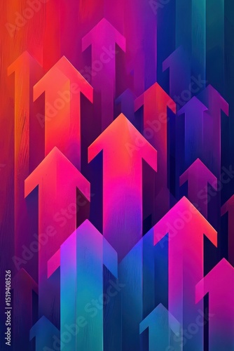 Colorful gradient arrows pointing upward in vibrant shades of pink, blue, purple, and orange symbolizing growth and progress with a dynamic and energetic feel