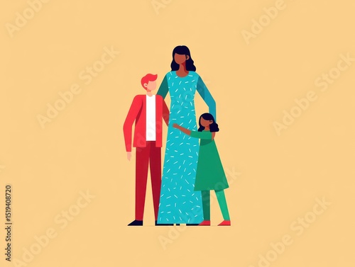 Illustration of a woman in a long blue dress standing between two children, one boy in red and one girl in green, all embracing and showing affection