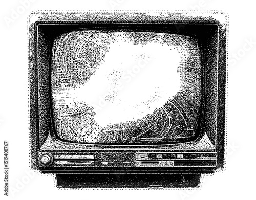 Creepy Halloween collage with old broken TV, vintage stippling, grunge dotted texture, retro surreal poster style, vector illustration, horror aesthetic, spooky art, png, eerie artwork.