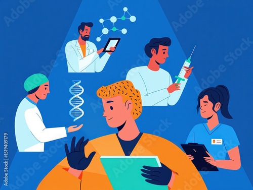 Group of diverse scientists and medical professionals engaged in research and healthcare activities including examining DNA, holding a tablet, preparing an injection, and taking notes
