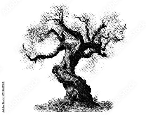 Retro creepy tree collage, grunge dotted texture, stippling vintage effect, vector illustration for Halloween surreal artwork, spooky landscape, horror theme, haunted forest, cutout.