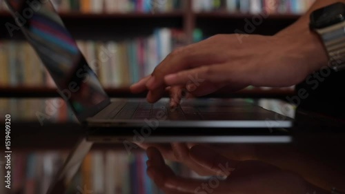 close up hand typing on computer laptop in home office with blurred book shelf and dark lighting background