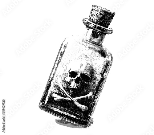 Vector illustration of retro Halloween poison bottle with grunge stippling texture, creepy surreal design, vintage photocopy collage, spooky concept, cutout, gothic horror style.