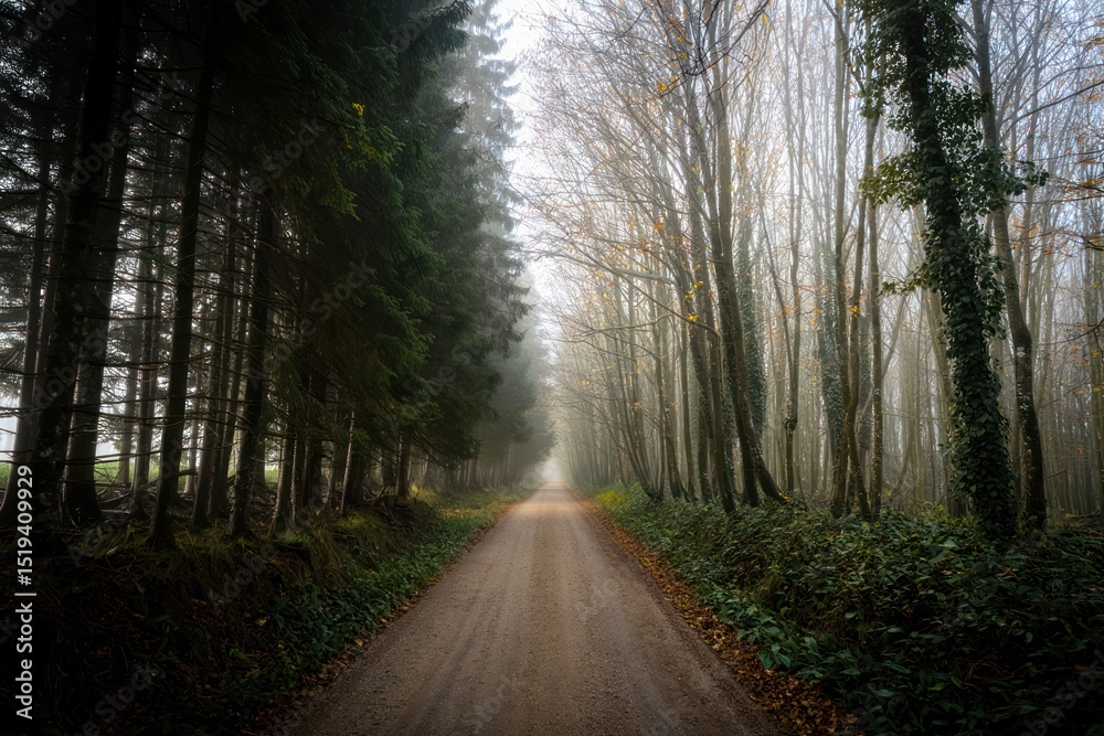 Fototapeta premium Foggy dirt road stretching through dense forest with tall evergreen and deciduous trees on either side, evoking a quiet and mysterious atmosphere