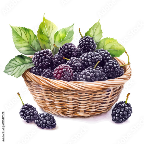 Black Mulberry Fruit Basket, watercolor drawing vector, high quality, isolated on a white background.