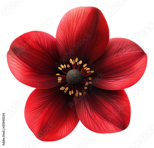 Detailed Scarlet Anemone Flower with Center Stamens on a Transparent PNG Image