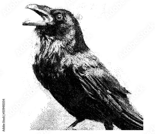 Vintage stippling photocopy effect Halloween raven collage element, retro vector illustration for psychedelic surreal poster, experimental grunge dotted texture, dark fantasy artwork.