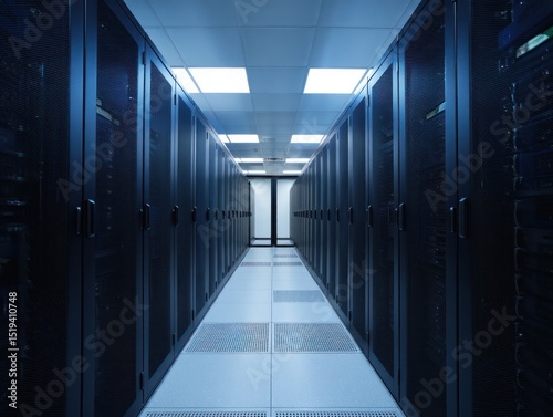 Long corridor between two rows of black server racks with blue lighting in a modern data center