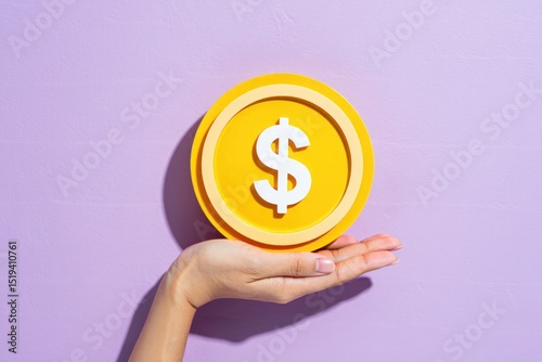 Hand holding a large yellow circular disk with a white dollar sign symbol against a purple background, representing money and value