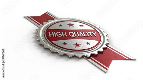 High quality silver and red badge with stars and ribbon on white background, premium product certification and assurance emblem
